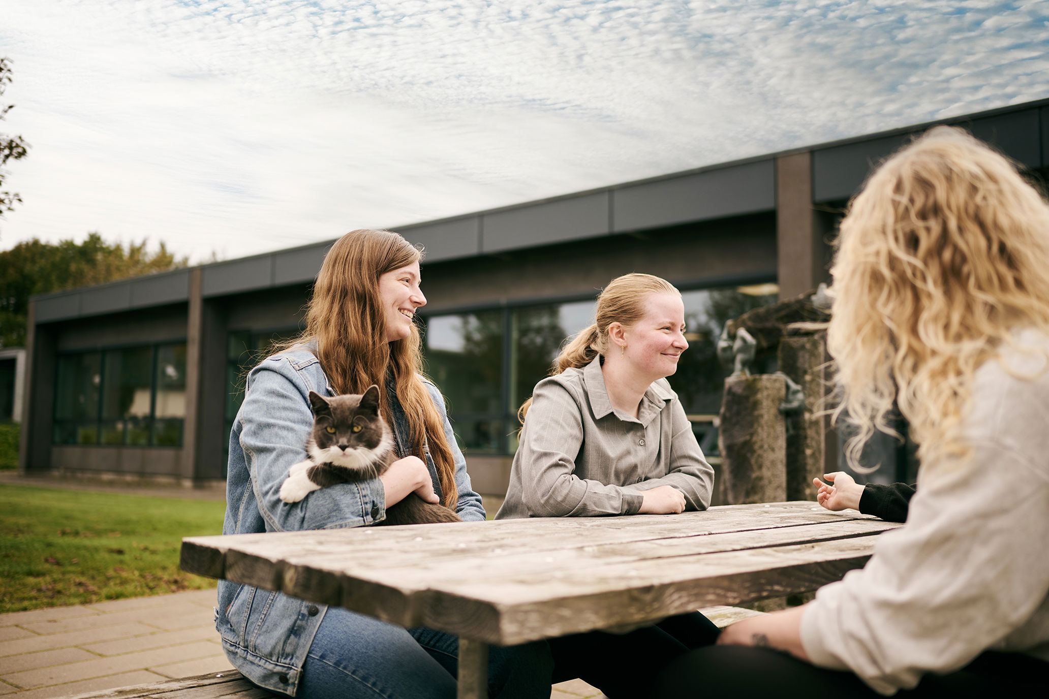 Elever i Vranderup hygger udenfor bygning 600 sammen med Katten Karsten, der er alles kæledægge.